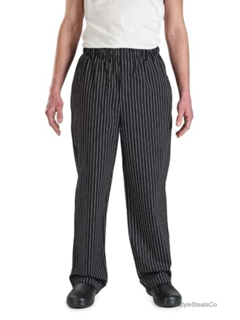 Men's Chef Pants Poly Cotton Drawstring Work Pants Black Pinstripe